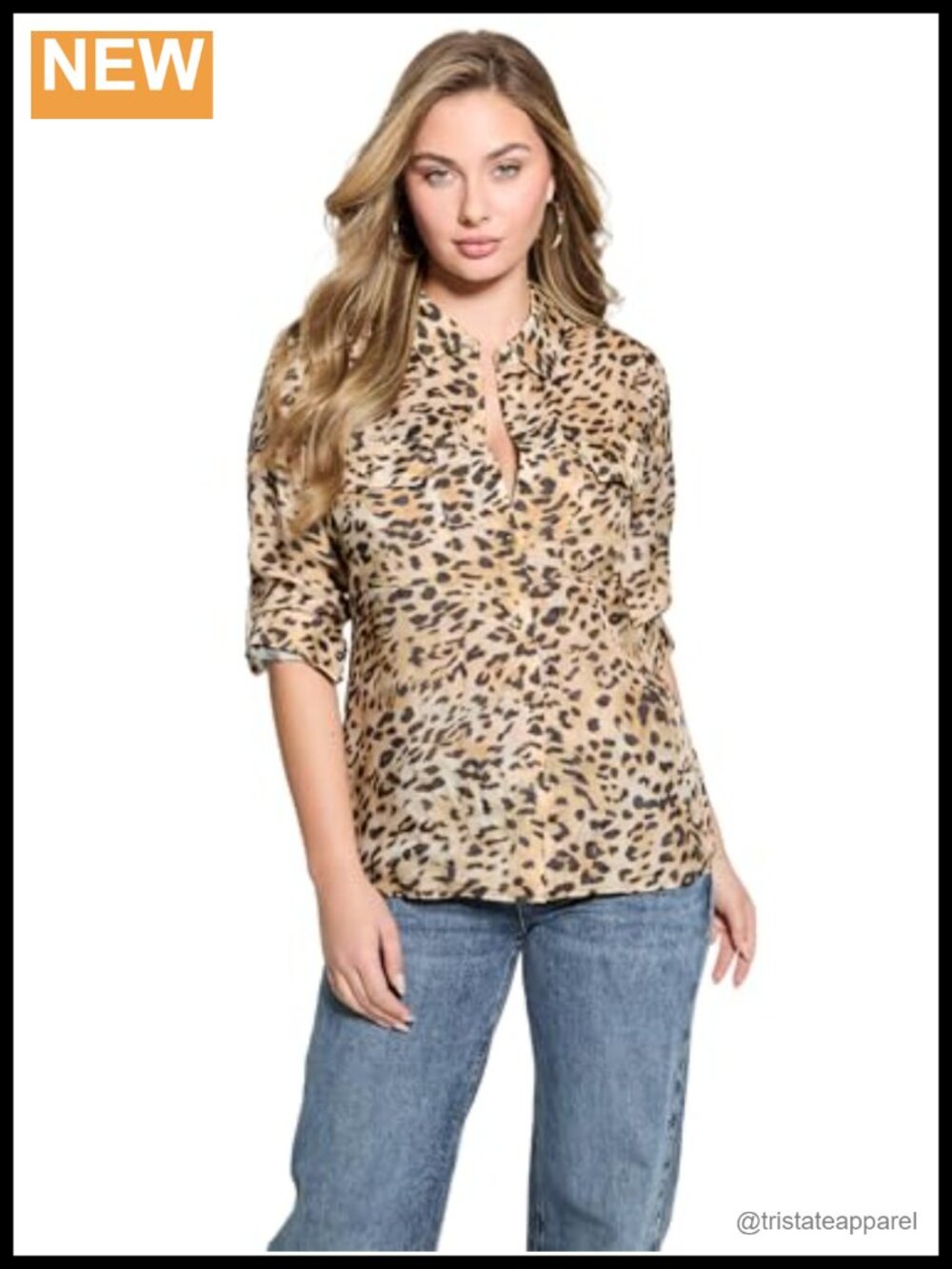 Long Sleeve Woven Blouse Button Down High Neck Shirt with Flap Pockets